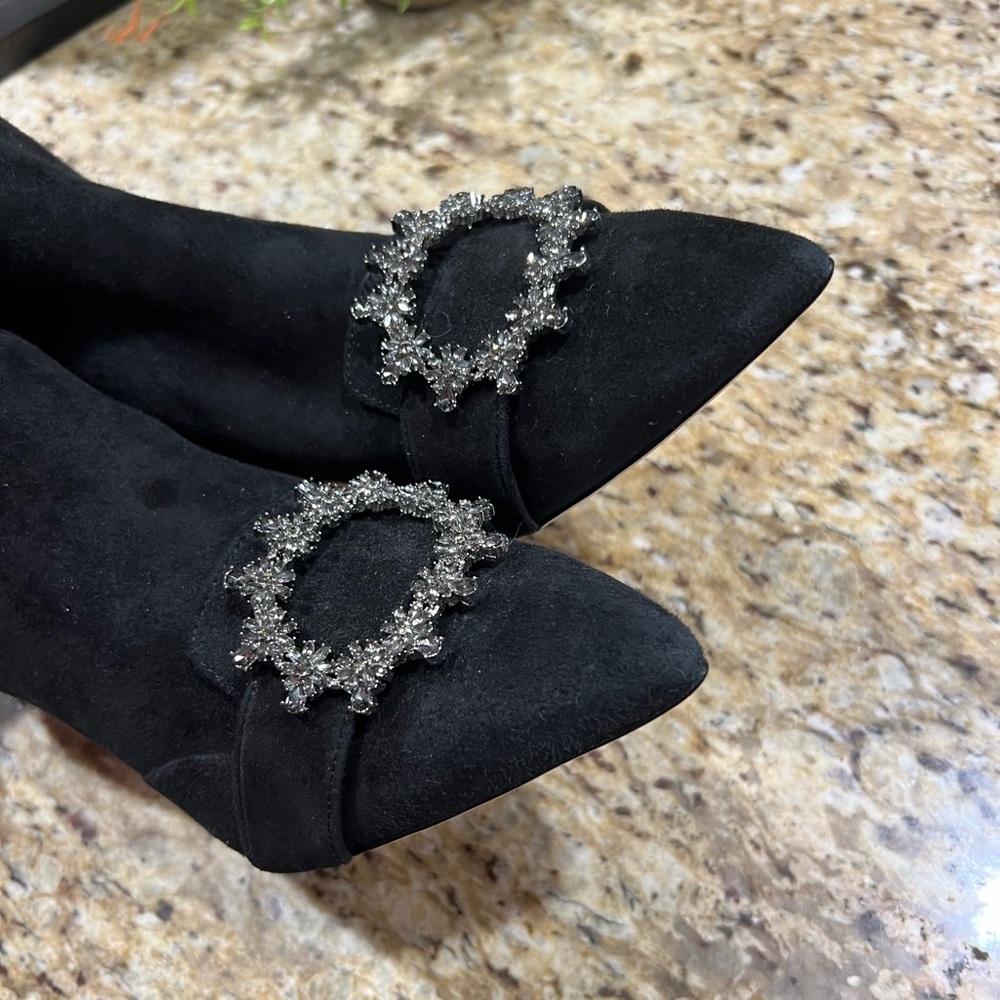 TORY BURCH Crystal-Buckle Black Velvet-like Leather Booties w/ Gunpower Metal 8M - Picture 5 of 10